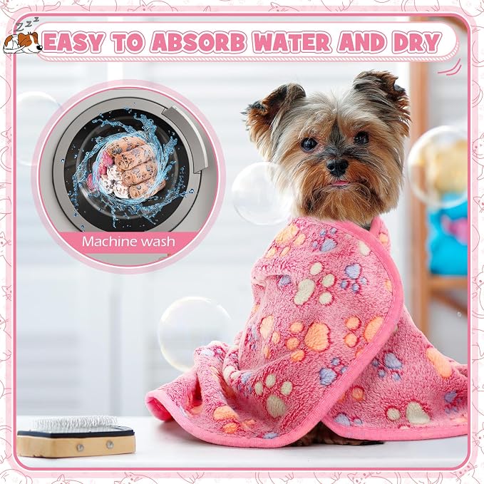 Tegeme 12 Pcs Pet Blankets 23 x 16 Inch Soft Fluffy Fleece Dog Cat Warm Paw Print Pattern Blankets Flannel Throw for Pets Dog Puppy Cat(Pink,Beige,Camel)