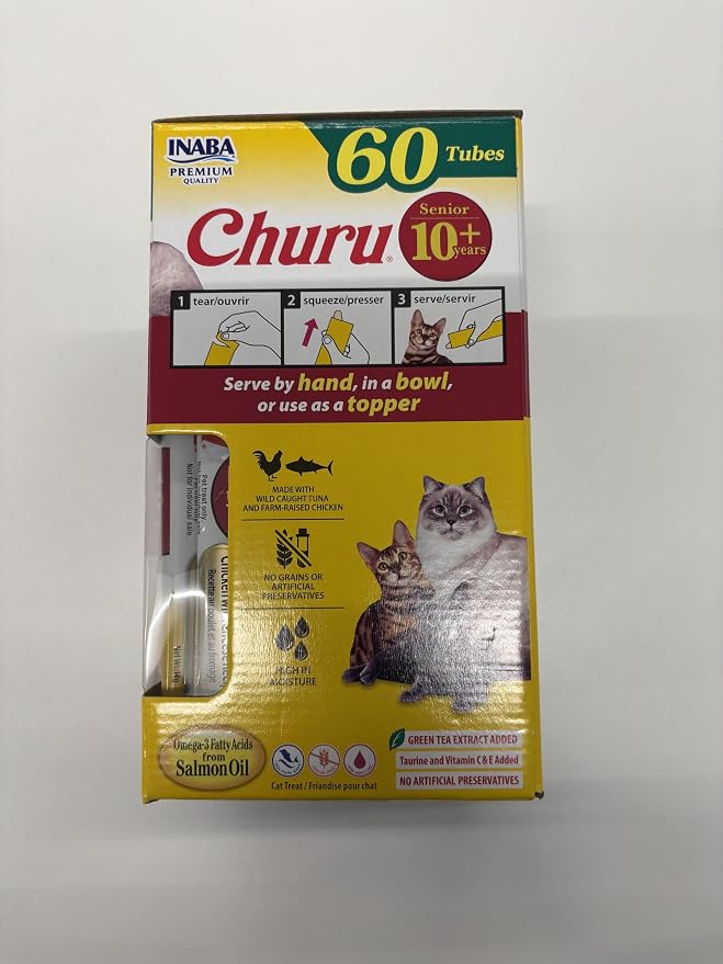 INABA Churu for Senior 10+,Creamy Lickable Cat Treats with Taurine,Vitamin E & C,0.5 Ounces Each,Tubes,Tuna & Chicken Variety,(Pack of 120)