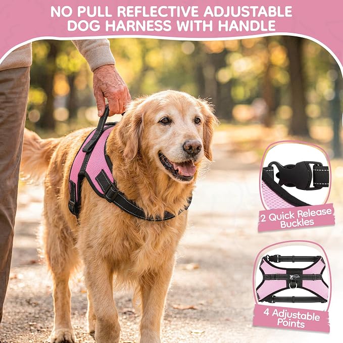 No Pull Reflective Adjustable Dog Harness With Handle- Comfortable Soft All Weather Mesh, Easy On Puppy Harness For Small Medium and Large Dogs (Pink) Large