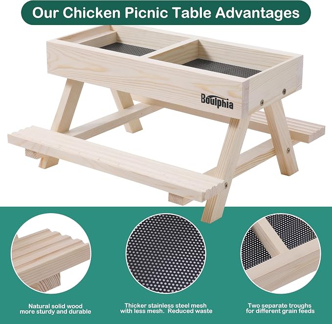 Boulphia Chicken Feeders and Waterers, Chicken Feeder No Waste Kit with Picnic Table and 2 Water Feeder, Handmade Wooden Chicken Supplies & Accessories for Chicken Coop