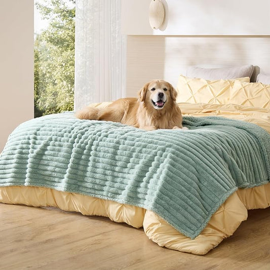 Bedsure ComfyFleece™ Waterproof Dog Blankets for Large Dogs - Soft Pet Cat Blanket Corduroy Fleece for Bed Protector Washable, Cozy Calming Reversible Furniture Protection,60"x80", Garden Green