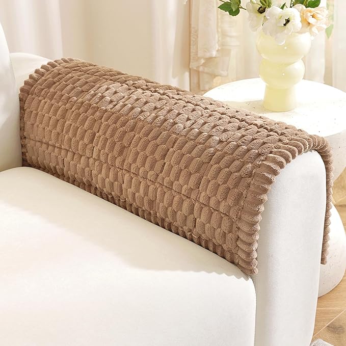 Royhom Couch Arm Covers, Arm Rest Covers for Sofa Set of 2, Thick Arm Chair Covers, Headrest Backrest Protector for Pets Recliner Loveseat Leather Cushion L Shaped Sofa (Brown, 20 x 24 Inch, 2 Pieces)