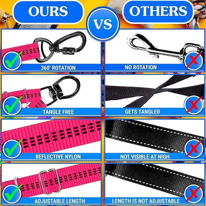 Dog Leash – Dual Reflective with Non-Tangle Design – Heavy Duty Nylon and Metal Buckles – Ideal (Pink, 2 Dog Leash)