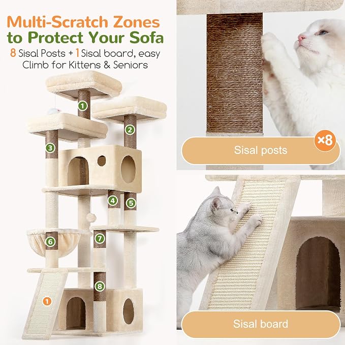 Globlazer Heavy Duty Cat Tree, 73inch Sturdy Cat Tower with Scratching Post for Indoor Multiple Cats, Maine Coon Cat Tree with Cat Perch, Basket, Cat Condo for Adult Cats Kittens, F73C, Beige