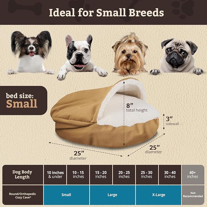 Snoozer Cozy Cave Dog Bed - Indoor Dog Bed with Cover Cave, Covered Calming Burrow for Small Sized Pets with Blanket Attached, Enclosed, Removable Washable Cover - Small, Camel
