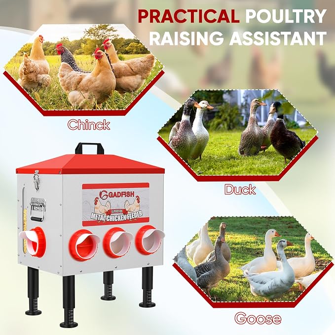 GADFISH 55 lbs Large Capacity Automatic Chicken Feeder - 8 Feeding Ports, No Waste Chicken Feeder, Height-Adjustable Legs & Secure Locking Lid for Chickens, Ducks & Poultry