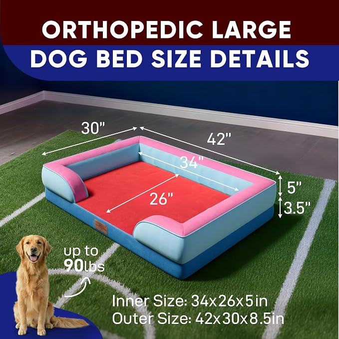 Comfort Expression Orthopedic Dog Bed for Extra Large Dogs 42x30 Inch, Waterproof Egg Crate Foam XL Pet Bed with Bolsters, Dog Couch with Washable Cover & Non-Slip Bottom, Atlanta