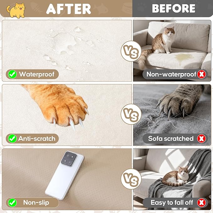 Loiion Velvet Sofa Cover, Ultra Soft Waterproof Non-Slip Couch Cover for Pets, Cat-Scratch Resistant Couch Cover, Pet & Kid Proof Scratch & Hair Resistant Washable Furniture Protector 150"X71" Beige