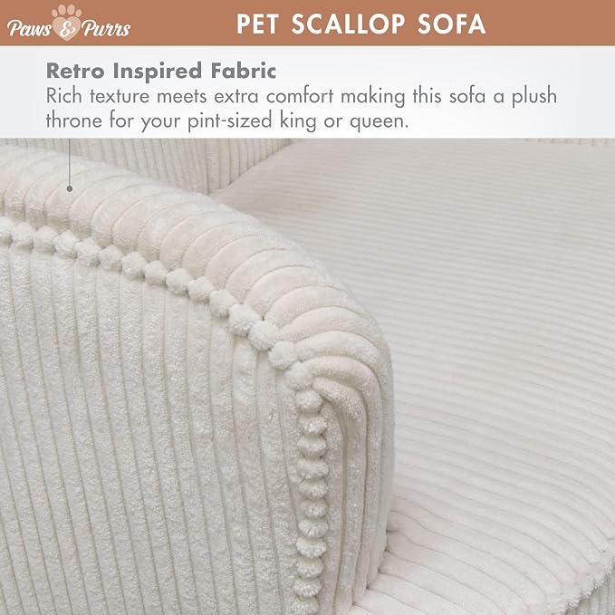 Paws & Purrs Retro Scalloped Back Sofa Style Pet Bed, Dog & Cat Couch with Tufted Cushion & Armrest, Stylish Indoor Pet Furniture, Cream