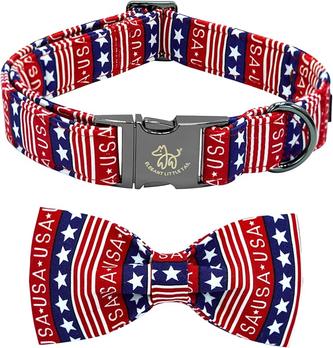 Elegant little tail Independence Dog Collar, Patriotic Pet Collar with Bow Tie American 4th of July Pet Cotton Soft Boy Girl Adjustable Collars for Large Dogs