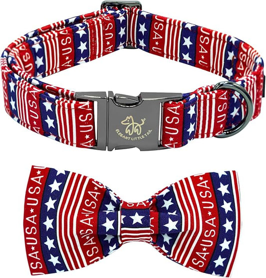 Elegant little tail Independence Dog Collar, Patriotic Pet Collar with Bow Tie American 4th of July Pet Cotton Soft Boy Girl Adjustable Collars for Medium Dogs