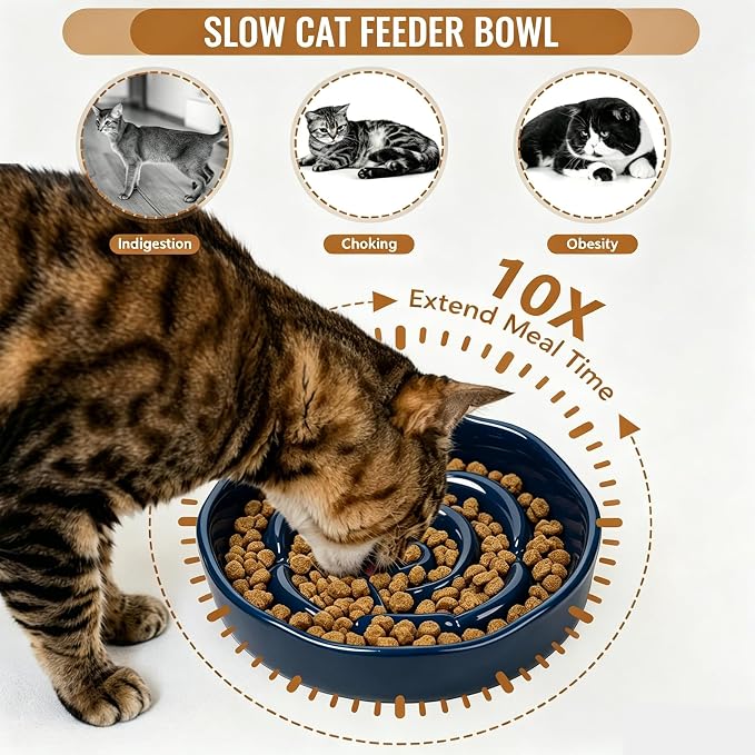 Slow Feeder Cat Bowl Set of 2, Ceramic Slow Feeding Cats Bowl Whisker Friendly, Anti Vomiting Cat Feeder for Dry and Wet Food，Fun Maze Interactive Bloat Stop Puzzle Bowls for Healthy Eating Diet