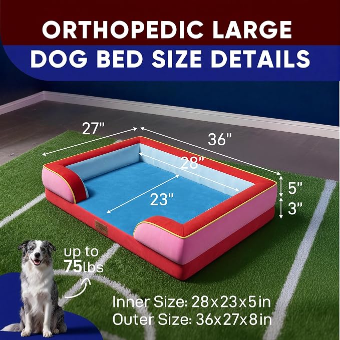 Comfort Expression Orthopedic Dog Bed for Large Dogs 36x27 Inch, Waterproof Egg Crate Foam Large Pet Bed with Bolsters, Dog Couch with Washable Cover & Non-Slip Bottom, Los Angeles