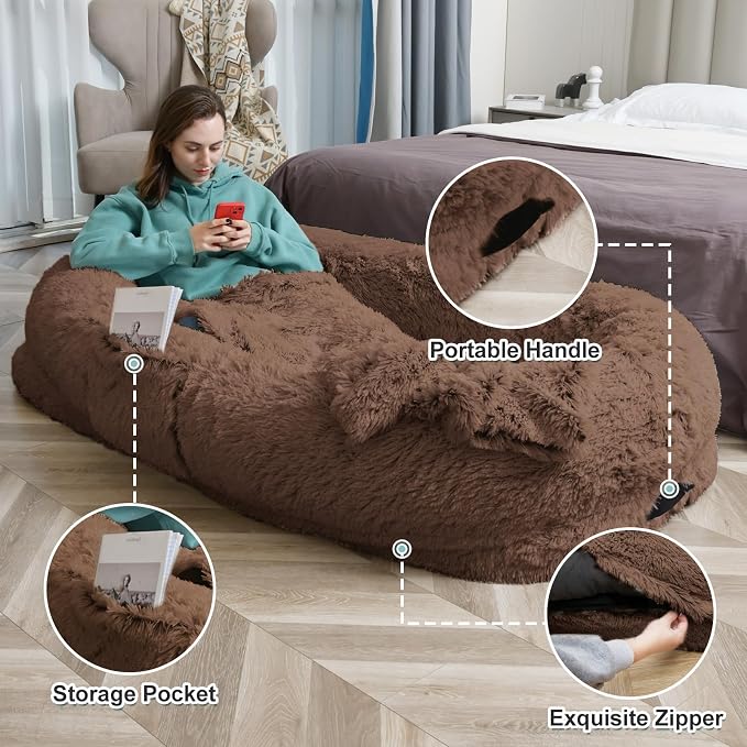 YAEM Human Dog Bed for Adult and Pets - 71"x45"x12" Dogs Beds for Humans with Washable Faux Fur Cover, Plump Pillow, Blanket, Orthopedic Design, Strap-Coffee
