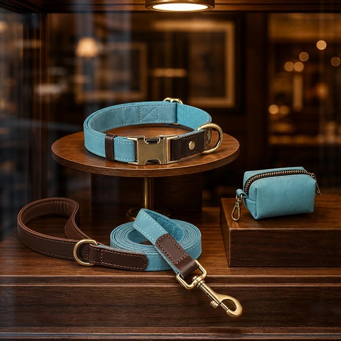 Didog Soft PU Leather Dog Collars for Small Dogs,Classic Adjustable Dog Collars with Quick Release Metal Buckle,Easy Clean and Comfortable with Nylon Lining,Denim Blue,S Neck 11-15"