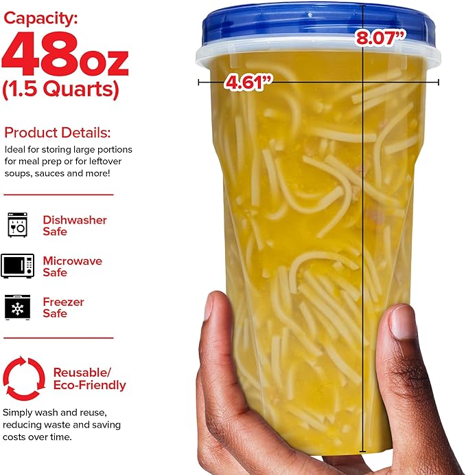 Stock Your Home 48oz Plastic Containers with Twist Top Lids (6 Pack), 1.5 Quart Freezer Containers with Lids for Leftover Food, Airtight Reusable Soup Containers, Microwave and Dishwasher Safe