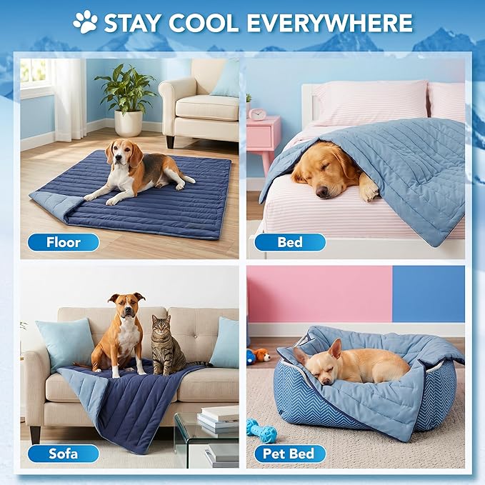 PetAmi Dog Cooling Mat, Q-Max Pet Cooling Blanket with Thick Cushioning, Self Cooling Pad for Dogs & Cats, Reversible Summer Mat for Crate, Couch, Kennel, Navy/Dusty Blue, Large (40x60)