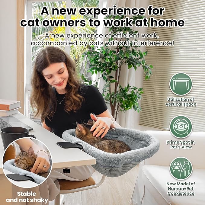 JUNSPOW Cat Desk Bed - One-Click Folding,Sunken Design & Space-Saving Semi-Circular Cat Bed, Soft Faux Rabbit Fur Material, Suitable for Various Desktops-Maximum Hold Up to 40lb