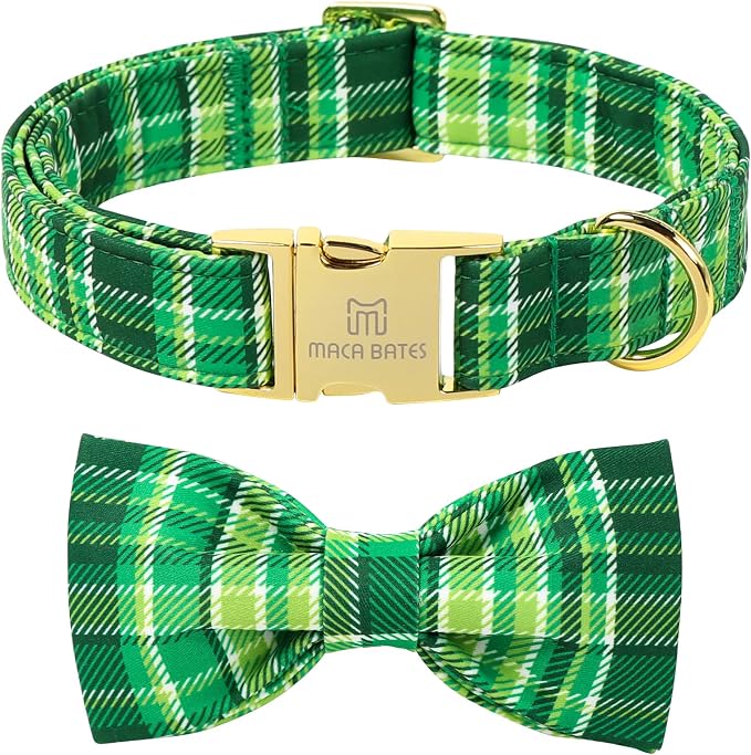 Maca Bates St. Patrick's Day Irish Plaid Dog Collar with Fancy Bow Tie,Shamrock Green Gingham Pattern for Extra Large Girl Boy Dogs,Adjustable Durable Soft Collars Gift for Male Female Puppy