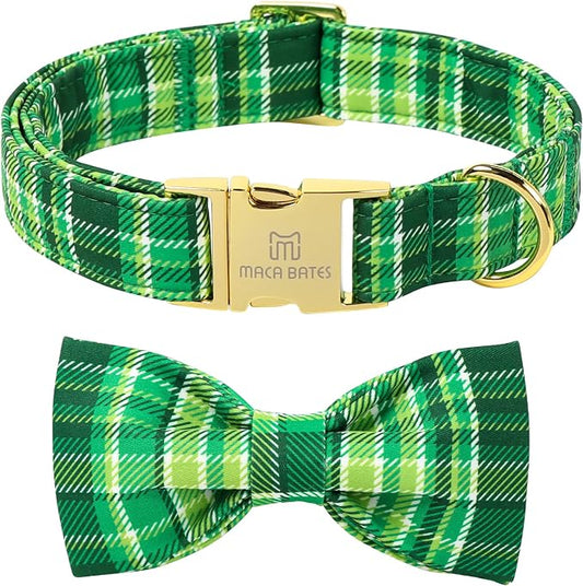 Maca Bates St. Patrick's Day Irish Plaid Dog Collar with Fancy Bow Tie,Shamrock Green Gingham Pattern for Extra Large Girl Boy Dogs,Adjustable Durable Soft Collars Gift for Male Female Puppy