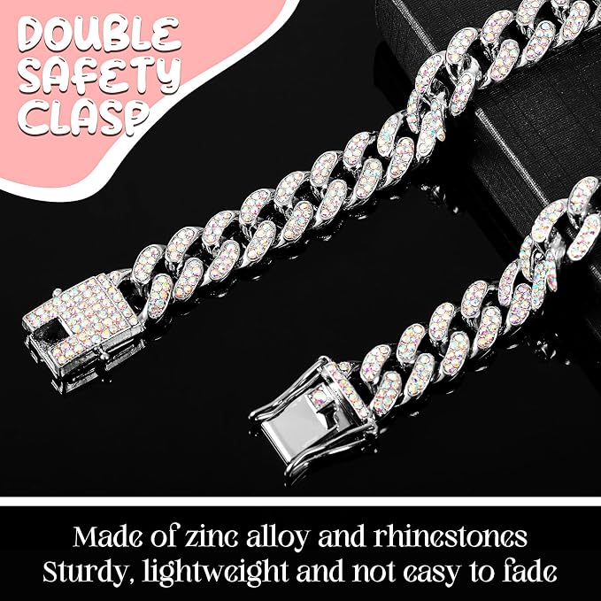 LEIFIDE Dog Chain Collar Diamond Link Puppy Collar 12 mm Wide Dog Necklace Metal Cat Chain Pet Crystal Necklace Jewelry Accessories for Small Medium Large Pet(12 Inch,Silver, AB Color)