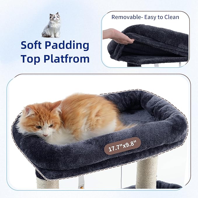 Gitelsnour Cat Tree for Indoor Cats, 55.1 inch Cat Tower with 7 Sisal Scratching Posts, Multi-level Cat Condo wit Large Play Platform Furry Ball, Cat Cave, 2 Padded Perches, Basket, Smoky Gray GCT013G