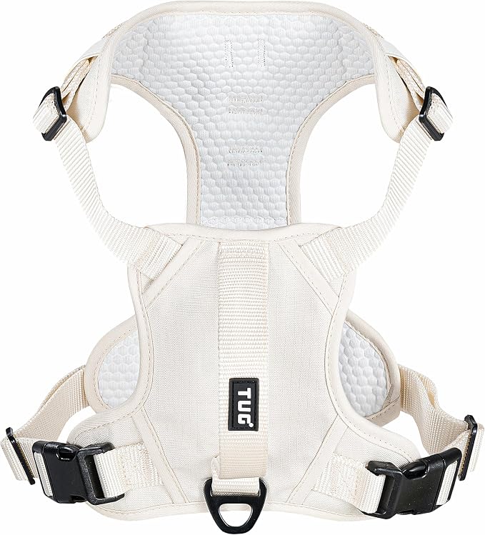 TUG Dog Harness with 2 Leash Connection Points | Adjustable, Padded, Lightweight | Handle on Back | No-Pull Front Clip (Small, Cream)