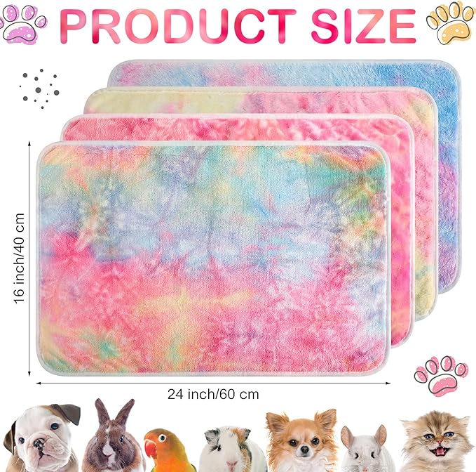 Reginary 4 Pcs Waterproof Guinea Pig Blankets Washable Small Animal Fleece Bedding Absorbent Guinea Pig Cage Liners Reusable Training Pee Pad Pet Sleep Mat for Hamster(Tie Dye Pattern,24 x 16 Inch)