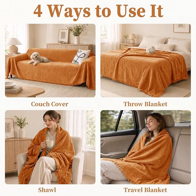 hyha Couch Cover for Dogs, Boho Sofa Covers for 3 Cushion Couch Washable, Chenille Sofa Slipcover for Pets, Soft Loveseat Sectional Couch Throw Blankets with Tassels (Orange, 71x150 Inch)