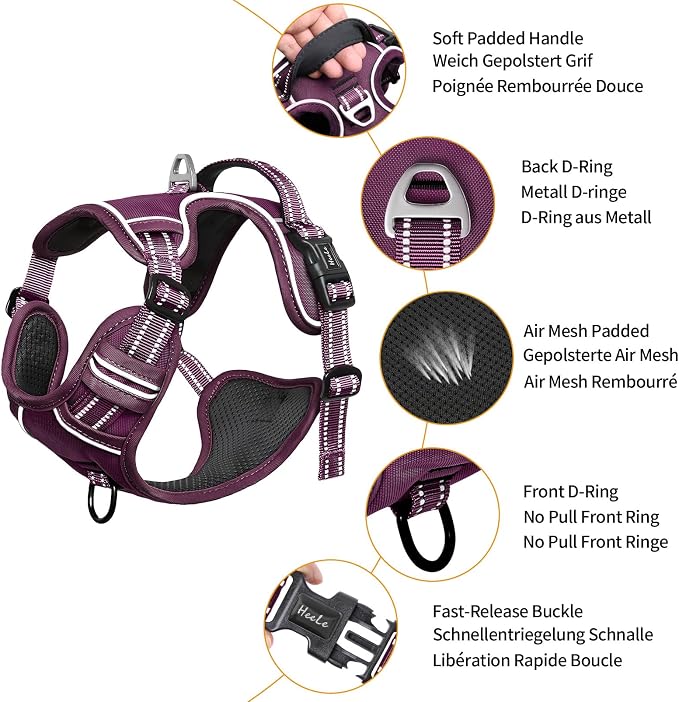 HEELE Dog Harness for Medium Dogs No Pull Dog Vest Harness with Soft Padded Handle Reflective for Outdoor Training, Purple(Matching Trim), M