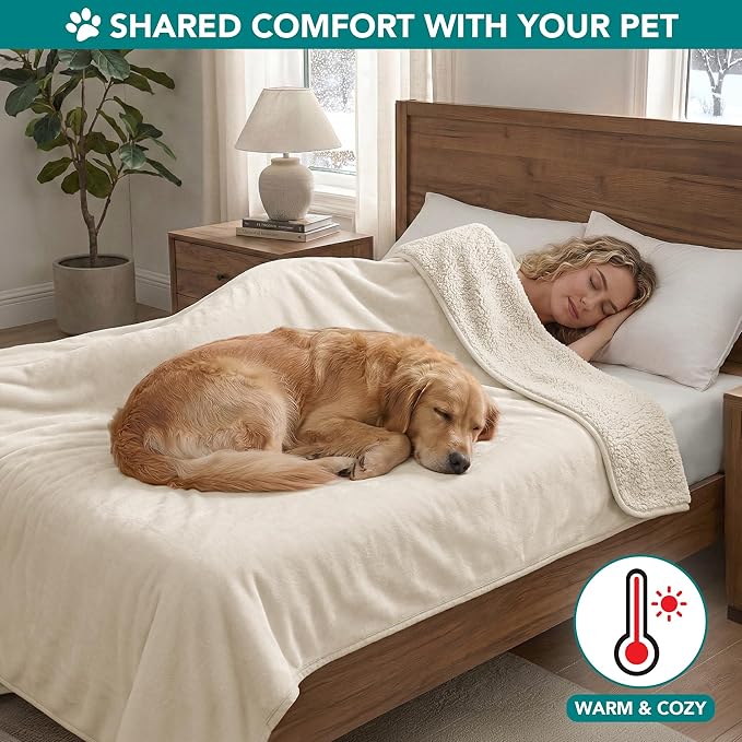 PetAmi Waterproof Dog Blanket Sherpa Fleece, Pet Medium Large Dogs, Reversible Cat Throw Bed Couch Sofa Furniture Protector, Soft Plush Polyester (X-Large 60x80, Beige), X-Large (60x80)