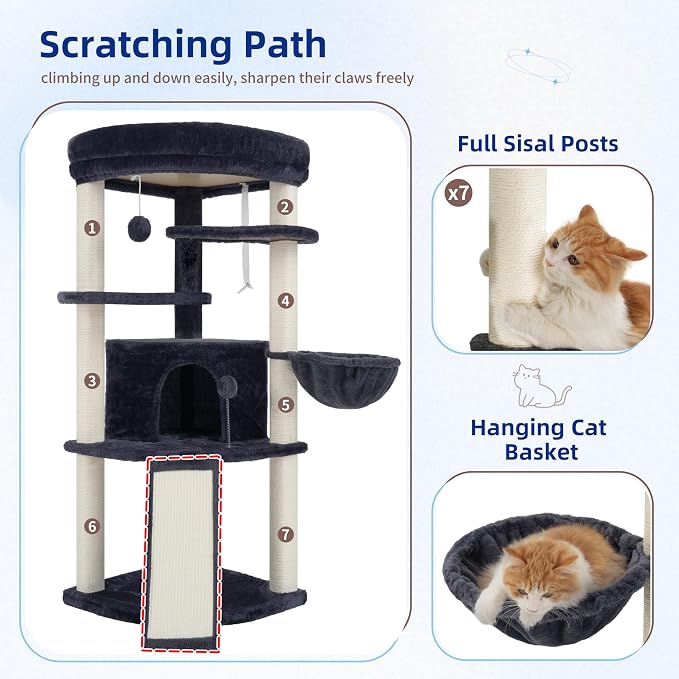 Gitelsnour Corner Cat Tree for Indoor Cats, Cat Tower with All Sisal Scratching Posts, Multi-Level Cat Condo wth Cat Cave, Large Top Perch, Hanging Basket, Sisal Scratching Ramp, Drak Gray GCT025G