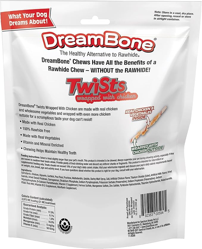 DreamBone Chicken Wrapped Twist Stick Dog Treats, Daily Rawhide-Free Chew, Digests Safely and Completely, With Real Protein, Chicken and Veggies, 50 count