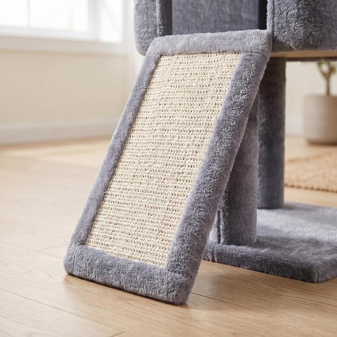 Roypet 32" Cat Tree for Indoor Cats, 2-in-1 Cat House with Sisal Scratching Post & Ramp, 2-Level Cat Tower with Rotatable Feather & Ball Toys, Stable Grey Cat Condo for Small/Medium Cats, Grey