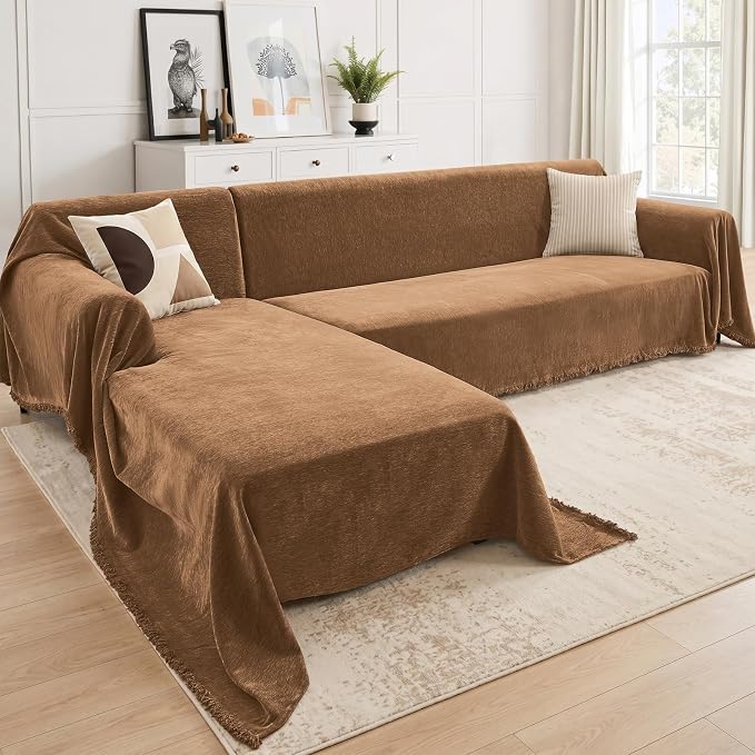 CAPALOCA Sectional Couch Covers, 2 Pieces Chenille Sofa Cover L Shaped Couch Cover Blanket for Dogs Washable Sofa Slipcovers Pet Furniture Protector (X-Large: 71" x 110" + 71" x 118", Brown)