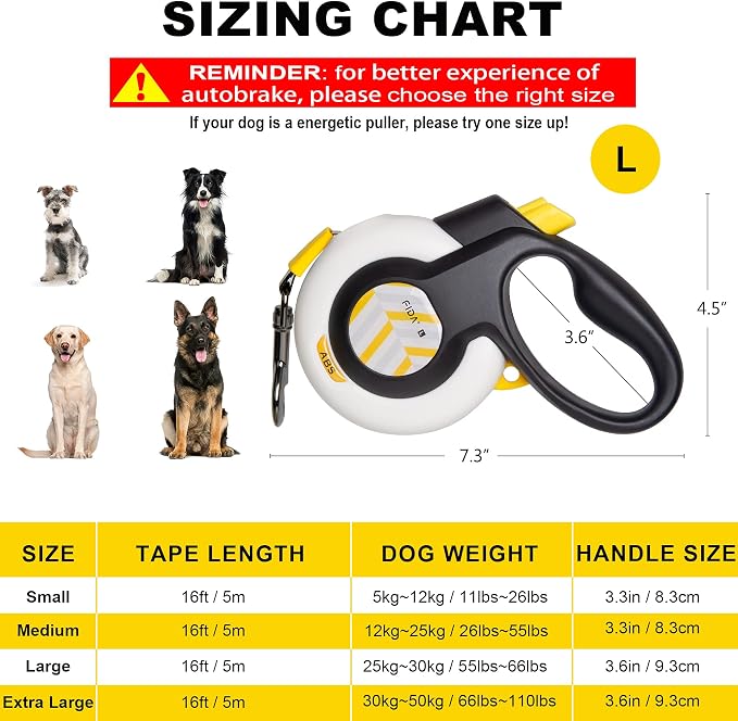 FIDA AutoBrake Retractable Dog Leash. Advanced Patented Design for Dog Pulling, 16 ft Heavy Duty No Pull Pet Walking Leash for Large Breeds. Tangle Free, Soft Grip, Large Size