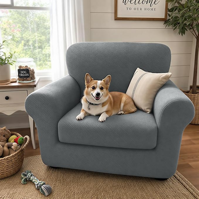 XINEAGE 2026 New 2 Pieces Chair Covers with Arms Super Stretch Chair Slipcover for Living Room Pet Dog Universal Slip Cover Anti Slip Armchair Furniture Protector (Light Gray), 31"-46"(1 Cushion)