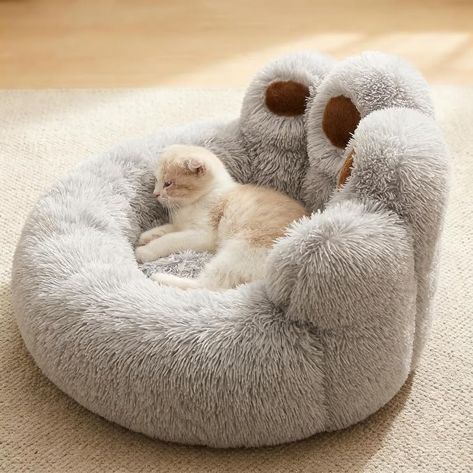 Cat Paw Shaped Cat Bed, Long Plush Calming Cat Bed for Indoor Cats, Washable Pet Bed with Anti-Slip Bottom, Soft Cozy Bed for Small Medium Large Cats & Dogs (Grey, Small)