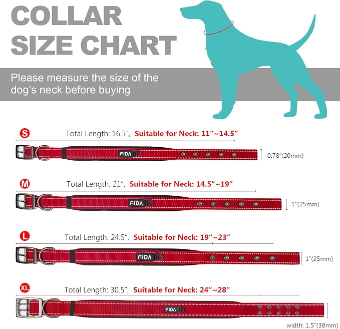 Fida Heavy Duty Dog Collar, Ultra Comfortable Soft Neoprene Padded, Adjustable Reflective Nylon Pet Collar with Durable Metal Belt Buckle for Large Breeds (L, Red)