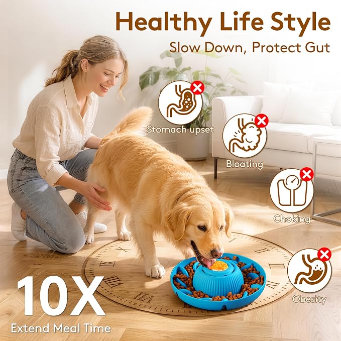 Slow Feeder Dog Bowls 2 in 1 Liquid Treat Dog Lick Bowl and Dog Bowls – 5‑Cup Large Capacity, Liquid and Solid Food Treat Dispenser for Slowing Down Eating for Large Medium Small Dogs, Blue