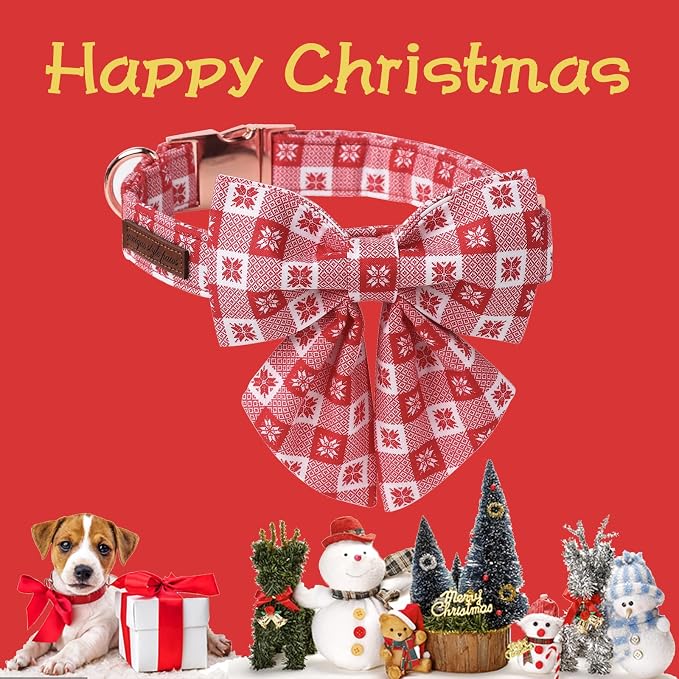 Unique Style Paws Christmas Day Dog Collar with Bowtie Red Christmas Papercut Cotton Puppy Collars for Small Medium Large Dogs