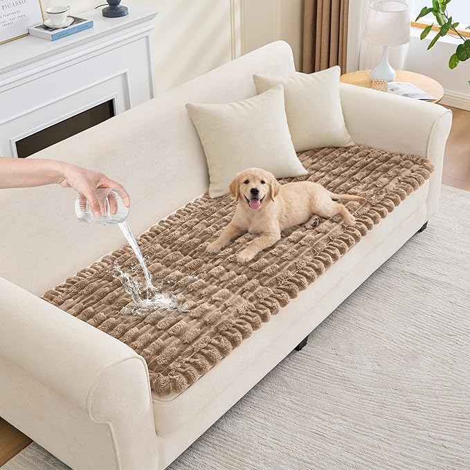Waterproof Dog Couch Cover, Non Slip Pet Sofa Protector, Thick Fuzzy Couch Cover for Dogs, Machine Washable Furniture Protector, Scratch Resistant Pet Couch Mat(Leather color, 28" x 71"/70 x 180cm)