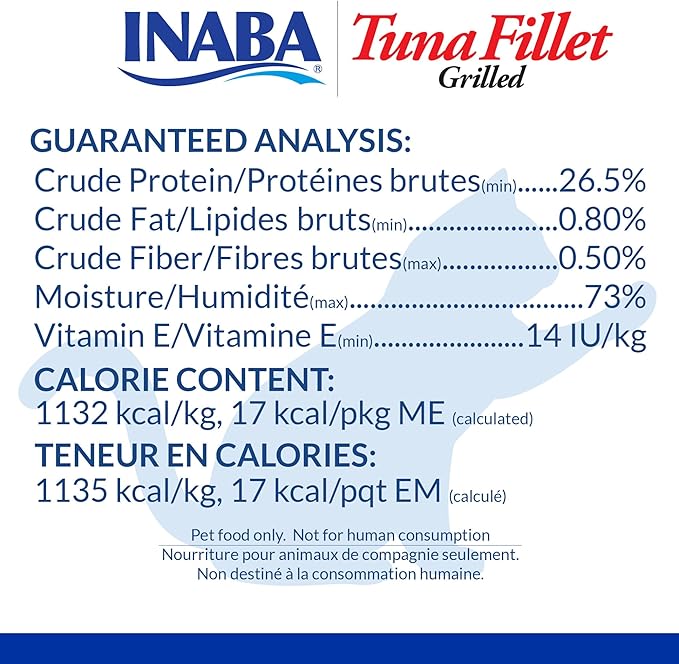 INABA Premium Hand-Cut Grilled Tuna Fillet Cat Treats/Topper with Vitamin E and Green Tea Extract, 0.52oz. Each, Pack of 6, Shrimp Broth