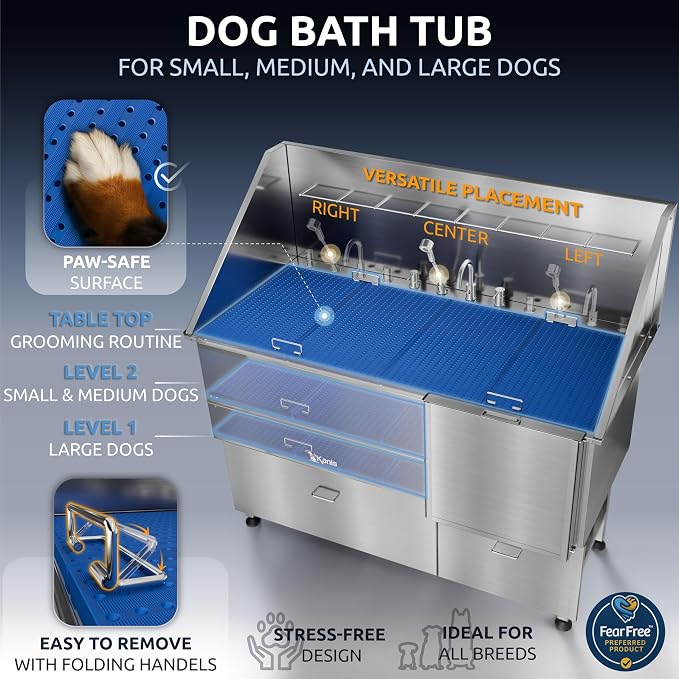 KANIS Professional Dog Washing Station 304 Stainless Steel Pet Wash Sink & Grooming Bathtub w/Shower, Floor Grates and Storage for Large, Medium & Small Pets (Silver, 61 Inches, Right Ramp, 2 Drawers)