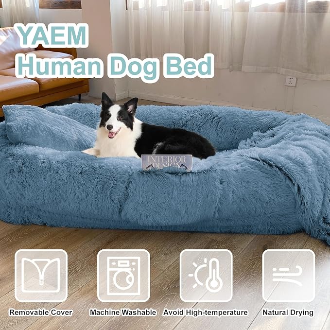 YAEM Human Dog Bed for Adult and Pets - 71"x45"x12" Dogs Beds for Humans with Washable Faux Fur Cover, Plump Pillow, Blanket, Orthopedic Design, Strap-Navy