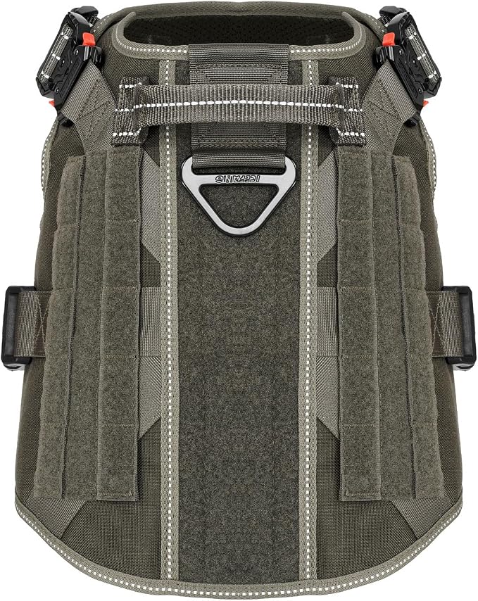 ICEFANG Tactical Dog Harness, X-Large Size,2X Metal Buckle,Working Dog MOLLE Vest with Handle,No Pulling Front Leash Clip,Hook and Loop Panel (Green,XL (Pack of 1))