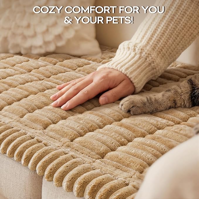 decorUhome Non-Slip Fuzzy Couch Cover for Dogs, Soft Thick Washable Pet-Friendly Protector, Sofa Slipcover for 2 Cushion Sofa/Loveseat, Camel, 27.6" x 59"