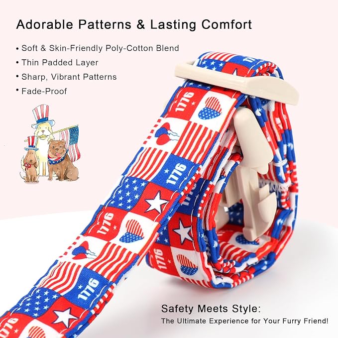 4th of July Dog Collar Blue Patriotic Dog Collars for Giant Large Dogs - Lightweight Adjustable 1776 Boy Girl Puppy Collars Cute Independence Day Male Female Dogs Collar XL