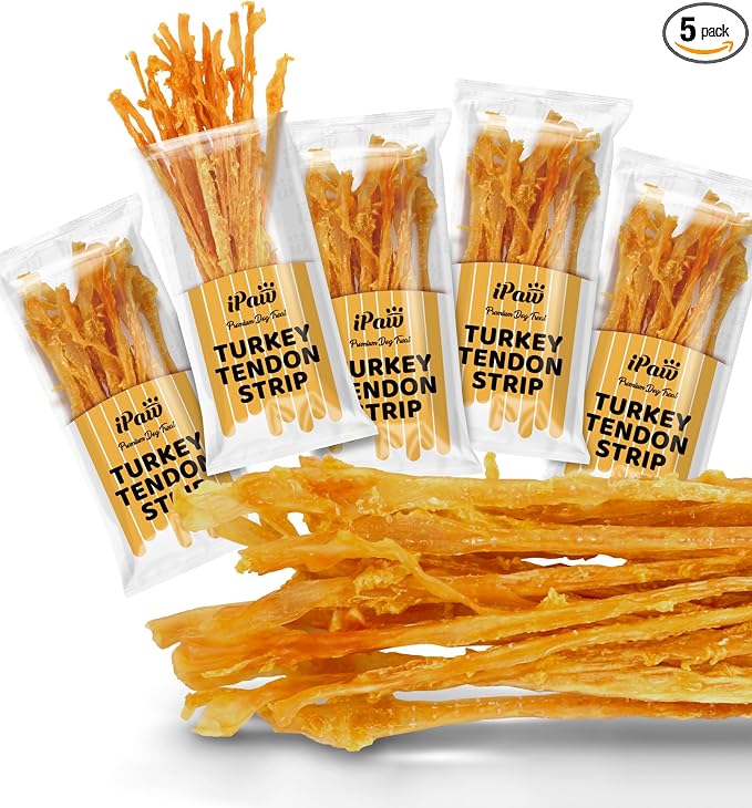 iPaw 5 Packs Value Combo Turkey Tendons for Dogs, Single Protein, Hypoallergenic, All Natural Human Grade Puppy Chew, Rawhide Alternative Dog Treats, Strip (Large)