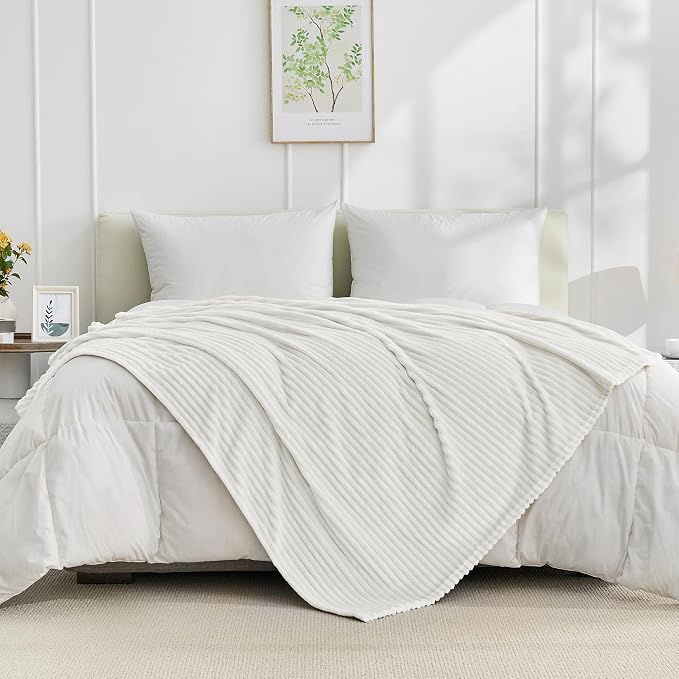 Bnuitland Fleece Throw Blanket for Couch, 300GSM Soft Warm Cozy Fluffy Throw for Adults & Kids, Stripe Pattern, All Season Sofa Bed Blanket for Home Decor, White 60"x80"